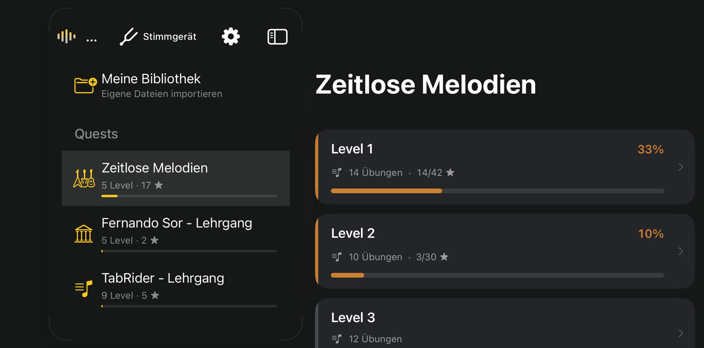 Die Liste der Quests und die Stücke des ersten Levels