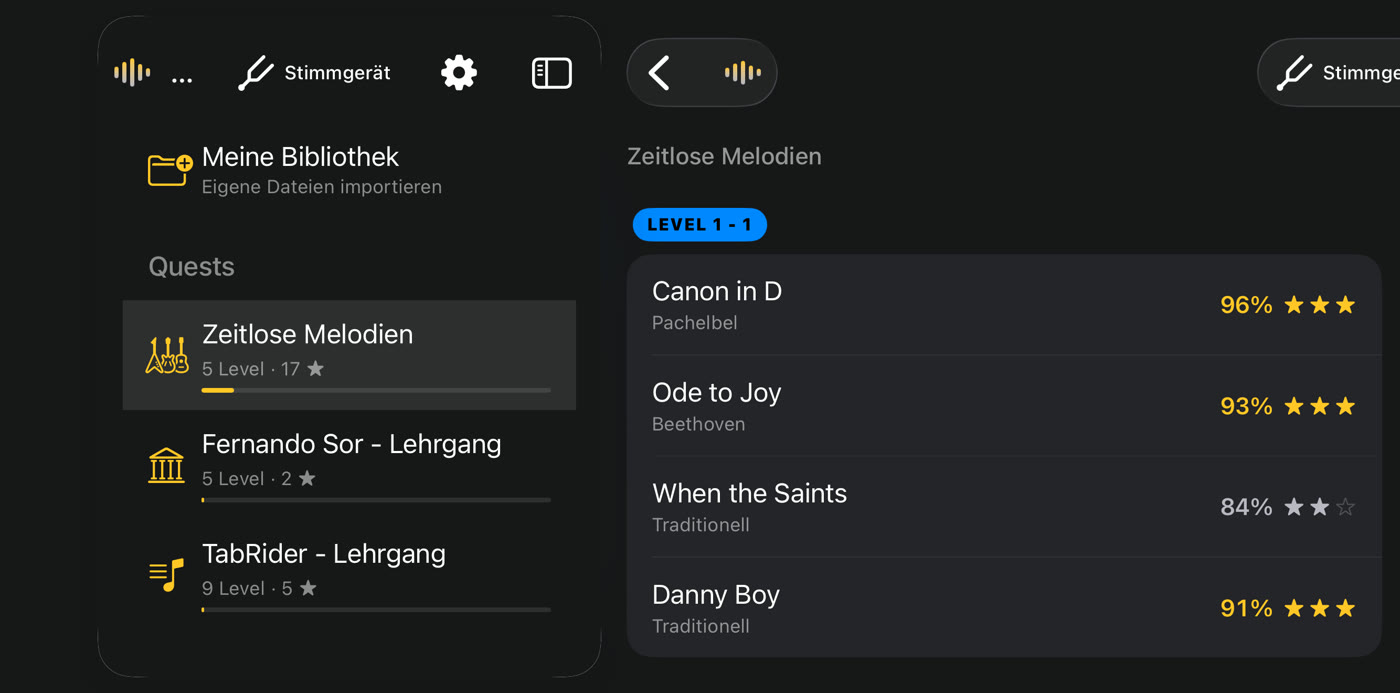 Ergebnisse und Sterne für jedes Stück eines Levels