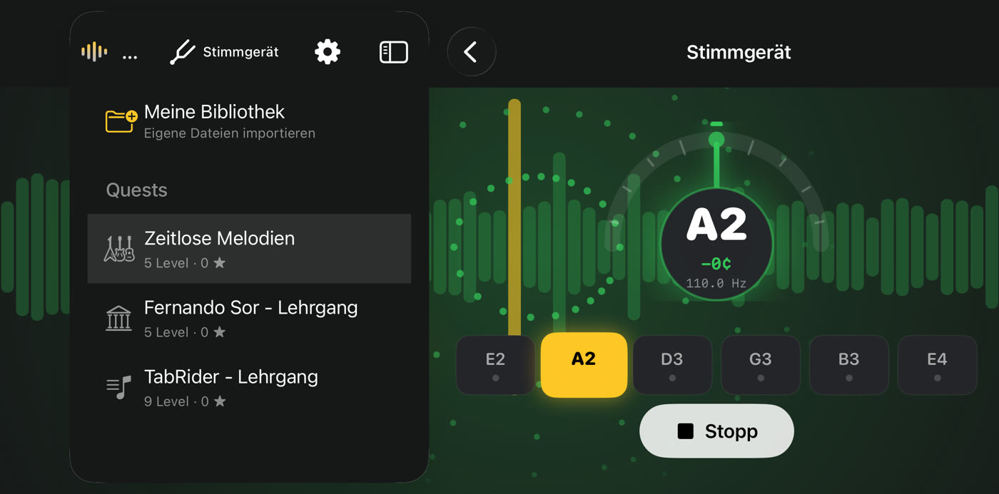 Das Stimmgerät: die A-Saite ist gestimmt