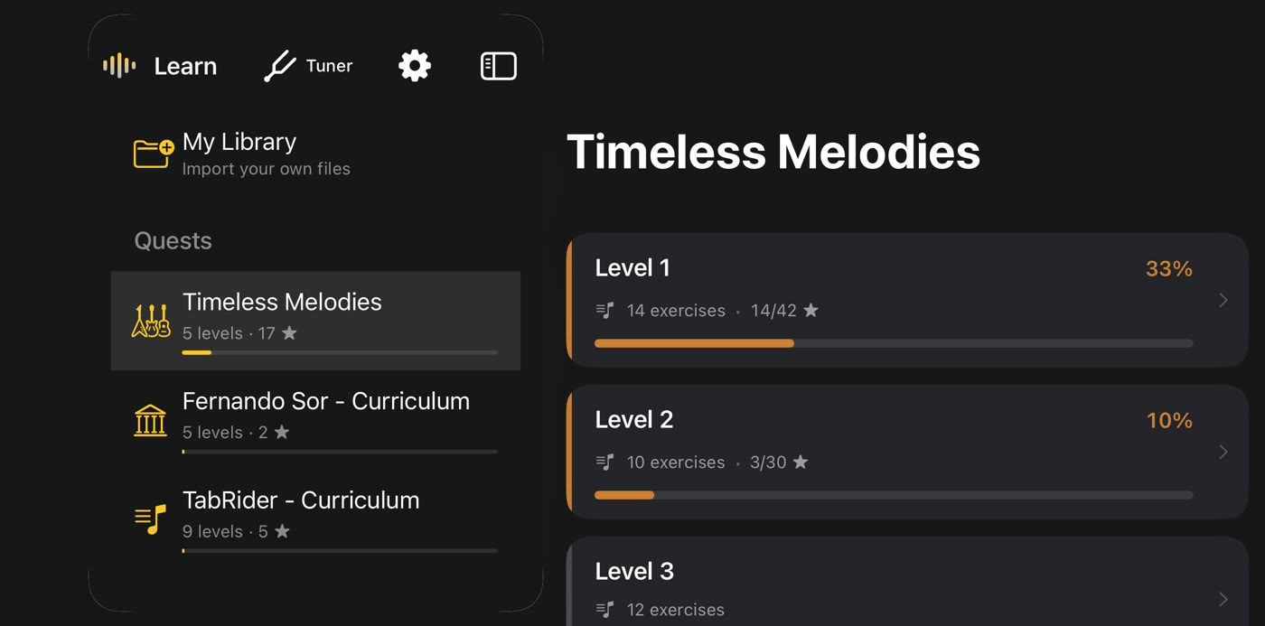 The list of quests and the pieces of the first level