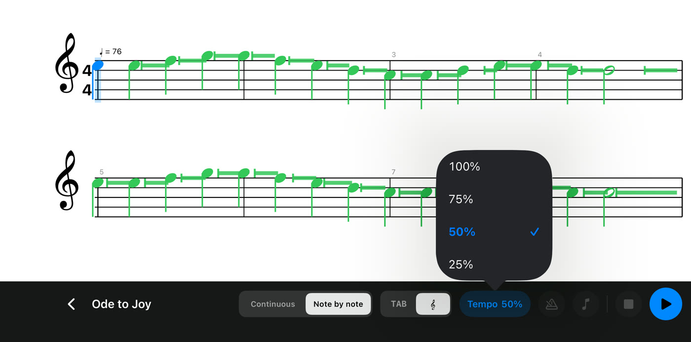The tempo menu, from 100 % down to 25 %