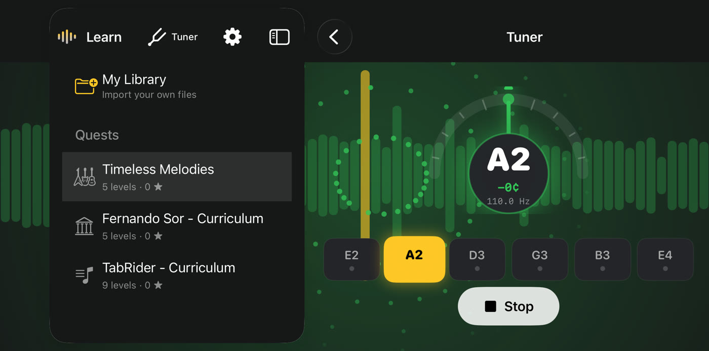The tuner showing the A string in tune