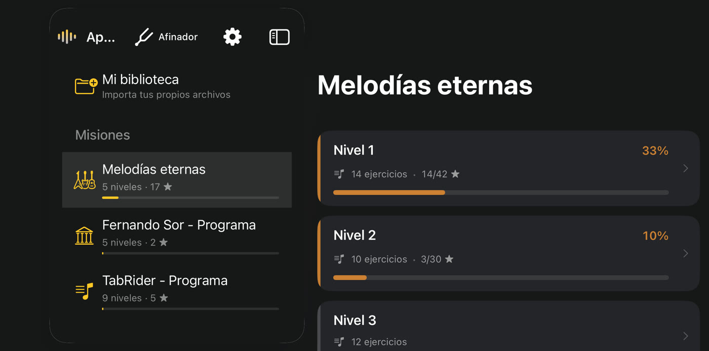 La lista de misiones y las piezas del primer nivel