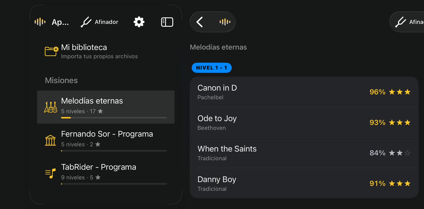 Puntuaciones y estrellas de cada pieza de un nivel