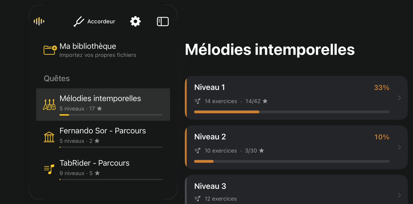La liste des quêtes et les morceaux du premier niveau