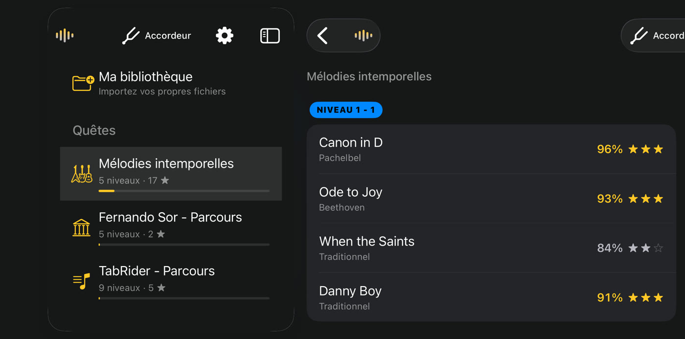 Scores et étoiles pour chaque morceau d’un niveau