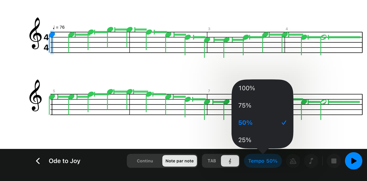 Le menu du tempo, de 100 % à 25 %